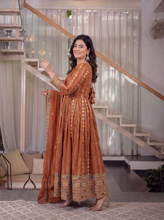Graceful Rust Brown Embroidered Anarkali Suit Set with Designer Dupatta