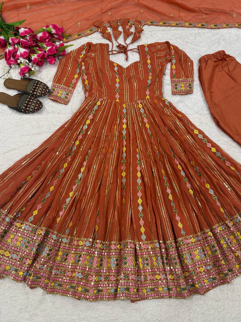 Graceful Rust Brown Embroidered Anarkali Suit Set with Designer Dupatta