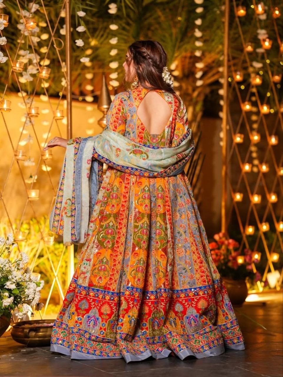 Beautiful Mist Premium Chinon Silk Designer Anarkali Gown Set with Heritage Print