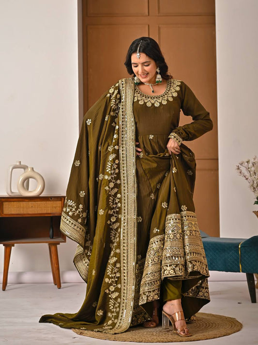 Beautiful Olive Green Vichitra Silk Embroidered Anarkali Gown with Dupatta