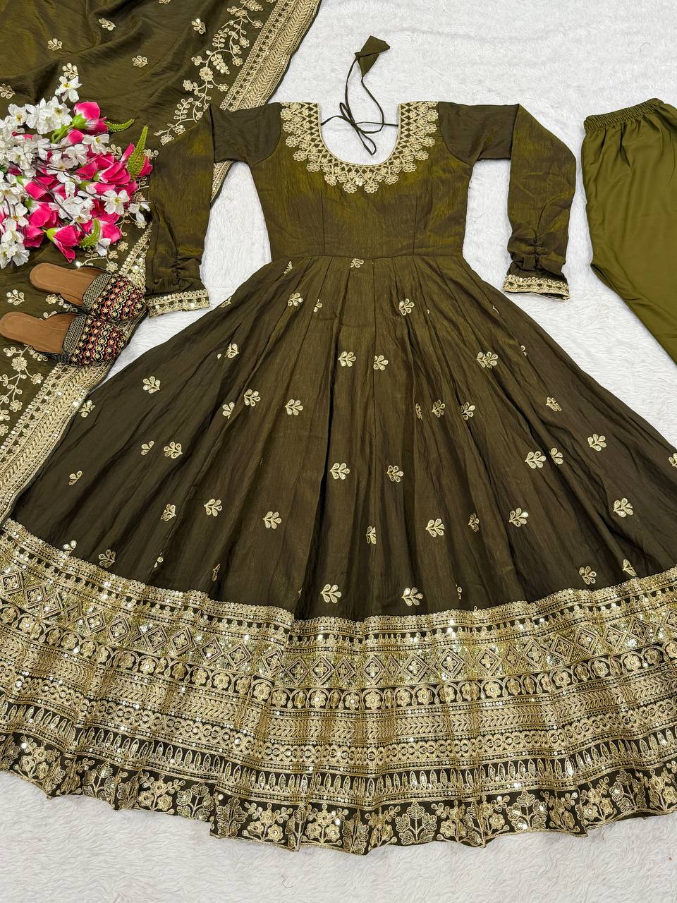 Beautiful Olive Green Vichitra Silk Embroidered Anarkali Gown with Dupatta