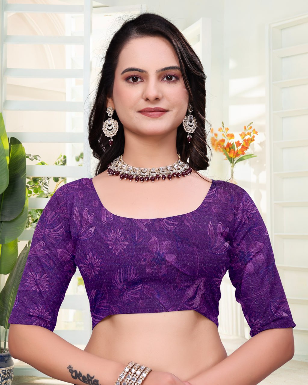 Royal Purple Floral Printed Mal Cotton Saree with Elegant Designer Pallu