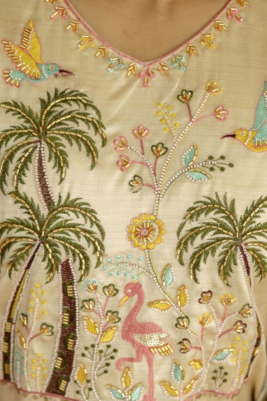 Graceful Beige Tropical Print Kurta Set with Contrast Dupatta