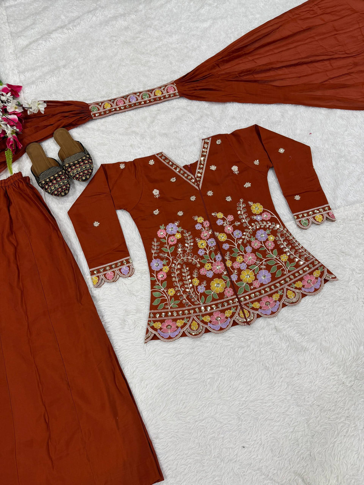 Stunning Rust Red Embroidered Peplum Kurta with Matching Palazzo Set