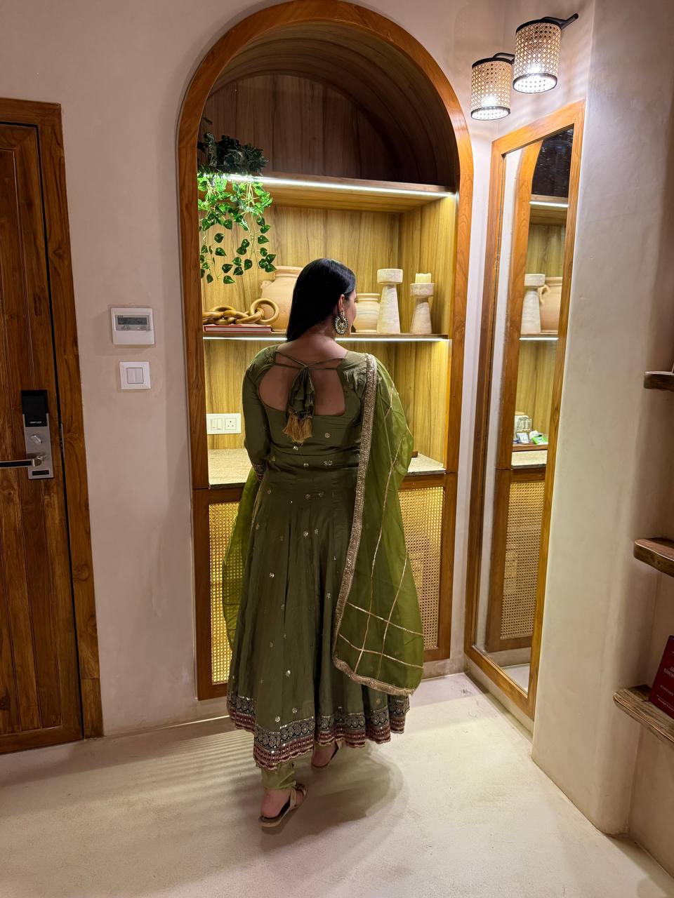 Elegant Olive Green Embroidered Anarkali Suit Set with Matching Dupatta