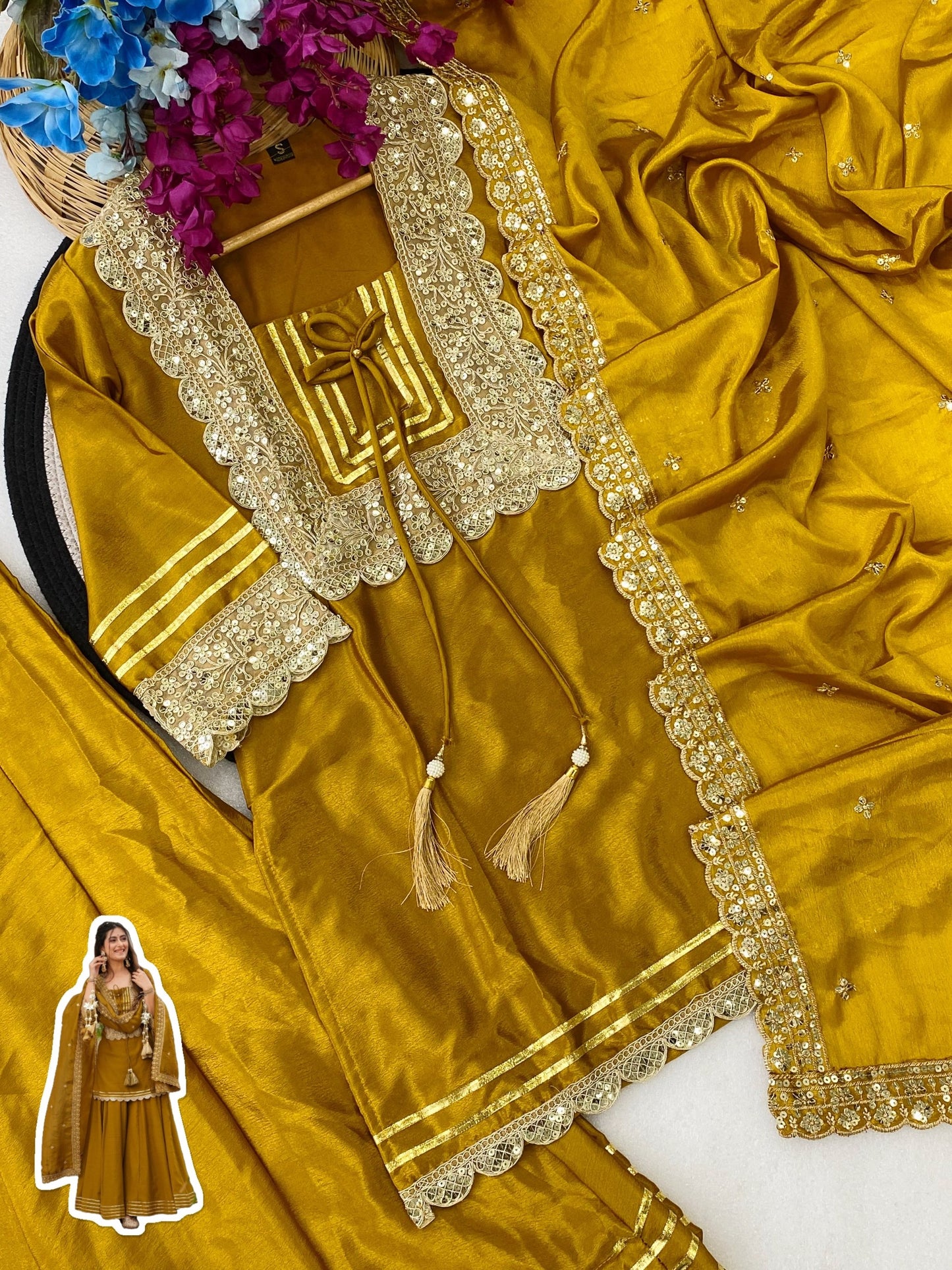 Magic Mustard Yellow Pure Soft Chinon Peplum Kurta with Flared Palazzo and Dupatta Set