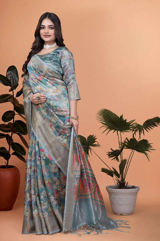 The Neo-Classic Multi-colour Printed Silk Saree with Metallic Zari