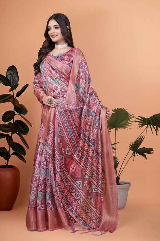 Pink Soft Silk Saree with Copper Zari Border & Multicolor Pallu