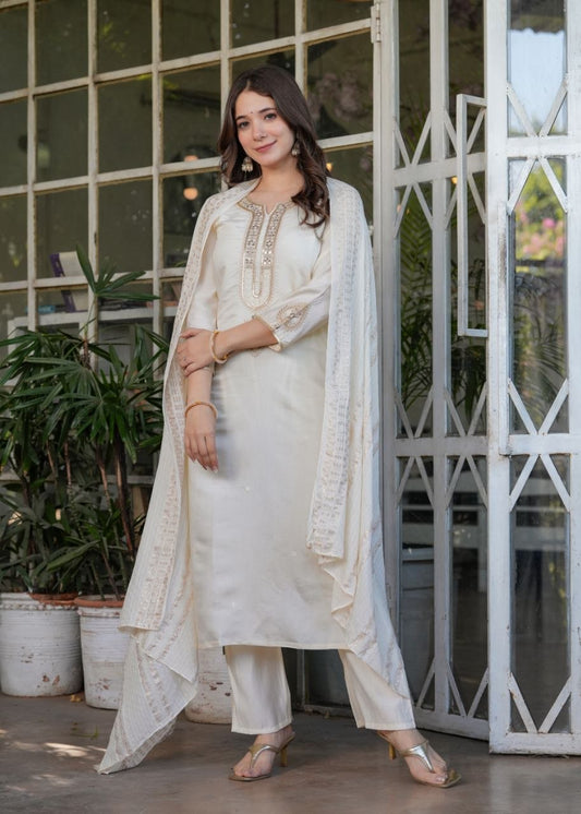 Premium Festive White Viscose Chanderi Embroidered Suit Set with Elegant Dupatta
