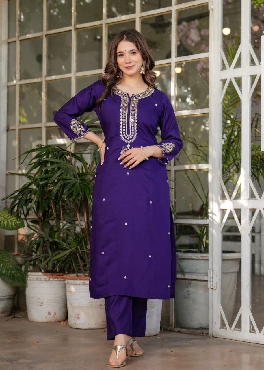 Royal Purple Embroidered 3-Piece Ethnic Suit Set with Matching Dupatta for Women