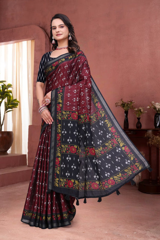 Attractive Maroon Mal Cotton Saree with Black Floral Border Design