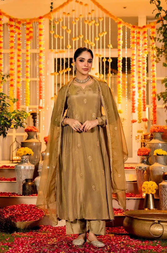 Antique Gold Embroidered Festive Anarkali Suit Set