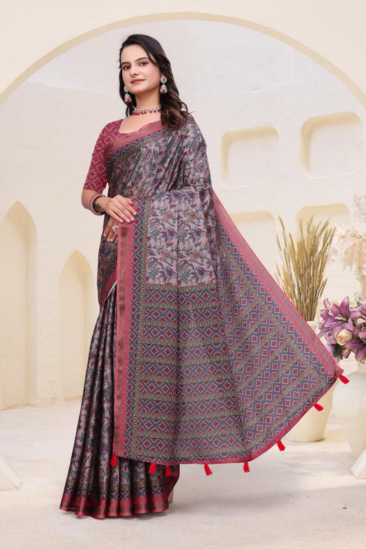 Fancy Dusty Pink Mal Cotton Saree with Traditional Ethnic Print Border