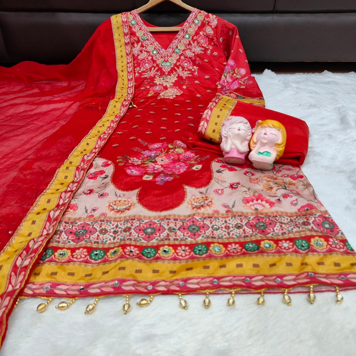 Elegant Embroidered Red Salwar Suit Set with Detailed Dupatta