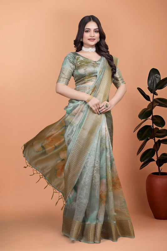 Exclusive Pastel Green Soft Silk Saree with Floral Digital Print & Golden Zari Border