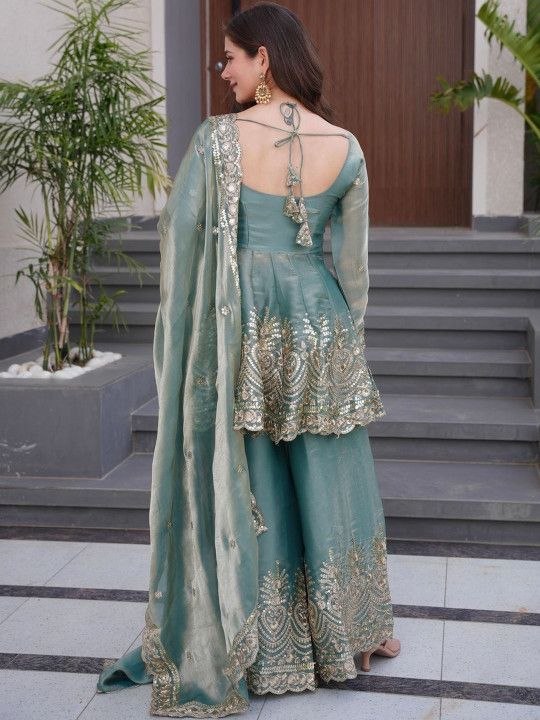 Sea Green Embroidered Peplum Sharara Suit Set