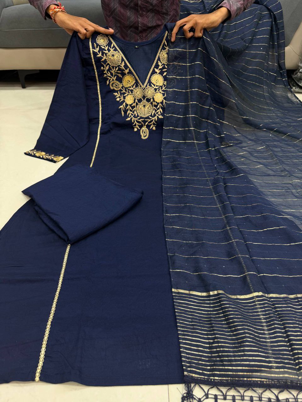 Graceful Navy Blue Embroidered Silk Blend Kurta Palazzo Set with Woven Zari Dupatta for Festive & Party Wear