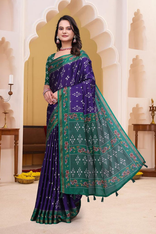 Trendy Purple Mal Cotton Saree with Green Floral Border Design
