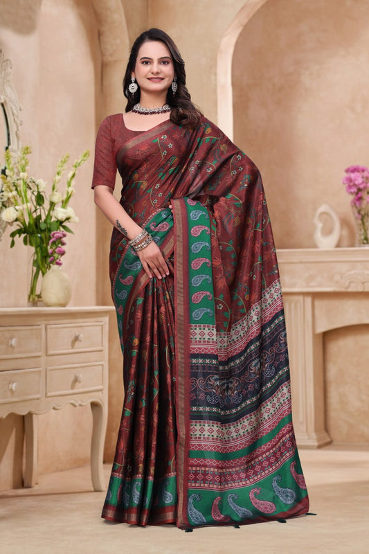 Elegant Maroon Floral Printed Mal Cotton Saree with Green Paisley Border