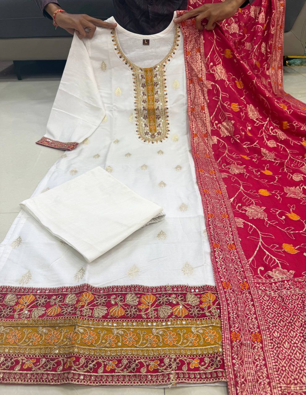 Regal White Pure Banarasi Silk Kurta Pant Set with Designer Banarasi Silk Dupatta