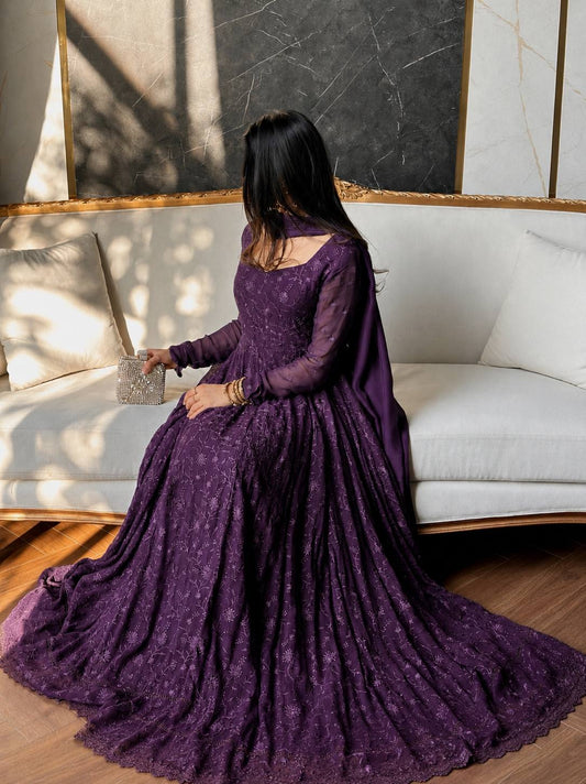 Enchanting Deep Purple Floral Embroidered Anarkali Gown set