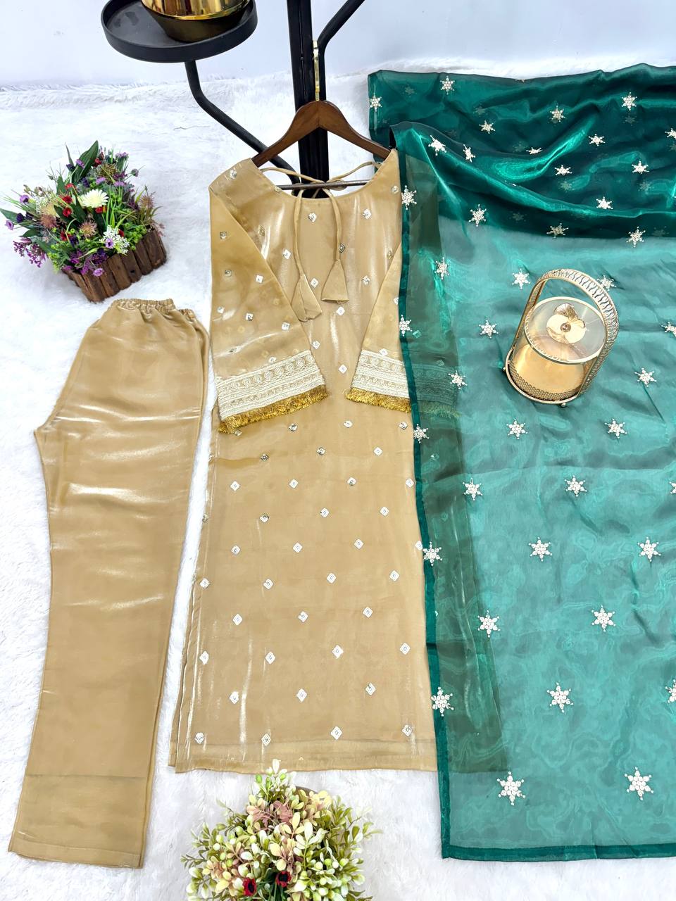 Charming Beige Mirror Work Suit Set with Emerald Dupatta
