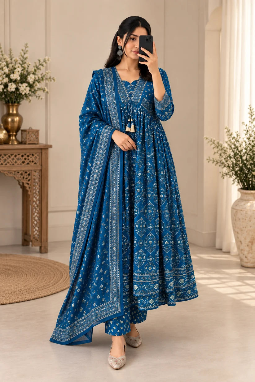 Gorgeous Royal Blue Printed Anarkali Suit Set