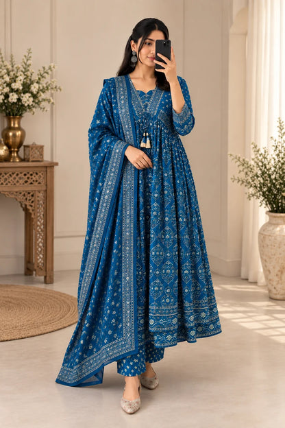 Gorgeous Royal Blue Printed Anarkali Suit Set