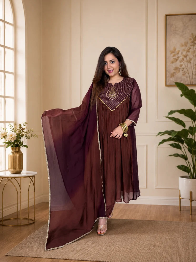 Radiant Mocha Brown Embroidered Anarkali Suit Set