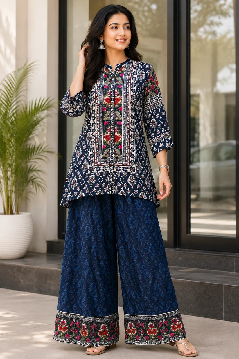 Captivating Navy Floral Kurti Palazzo Co-ord Set