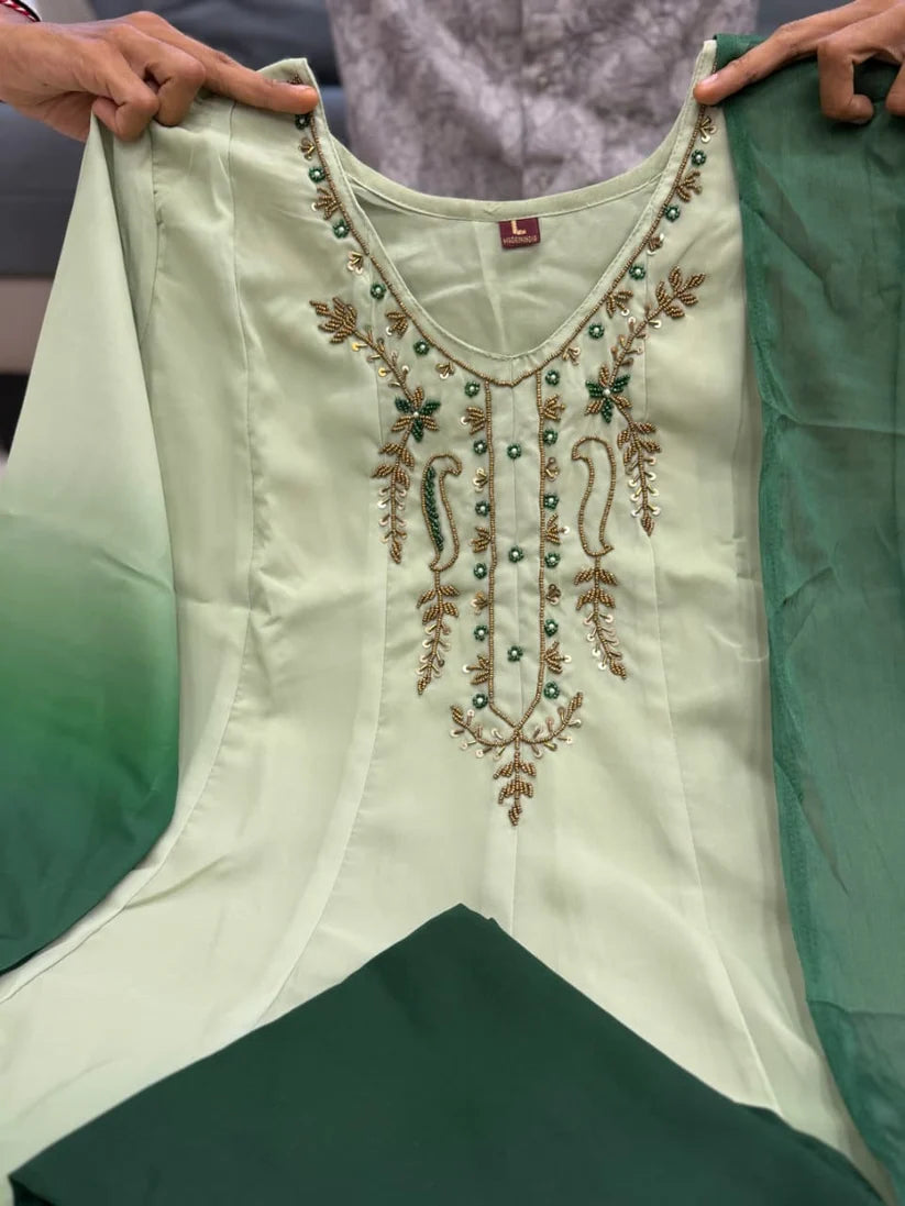 Mint Green Ombre Embroidered Anarkali Suit Set