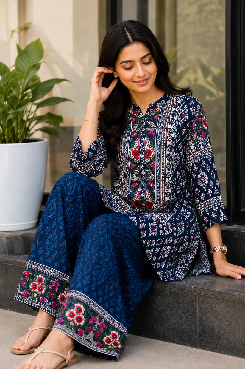 Captivating Navy Floral Kurti Palazzo Co-ord Set