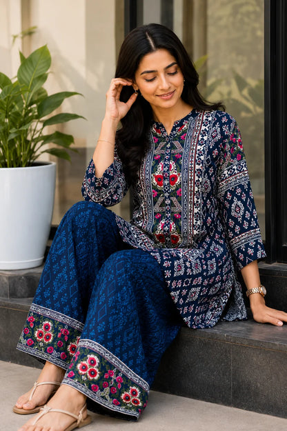 Captivating Navy Floral Kurti Palazzo Co-ord Set