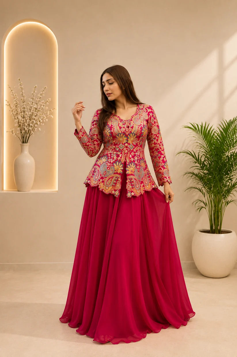 Stunning Rani Pink Embroidered Peplum Sharara Set
