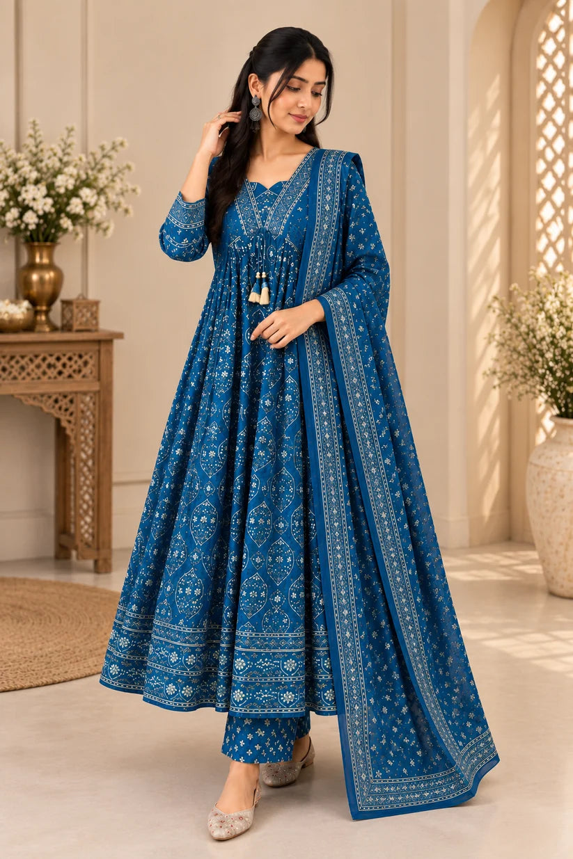 Gorgeous Royal Blue Printed Anarkali Suit Set