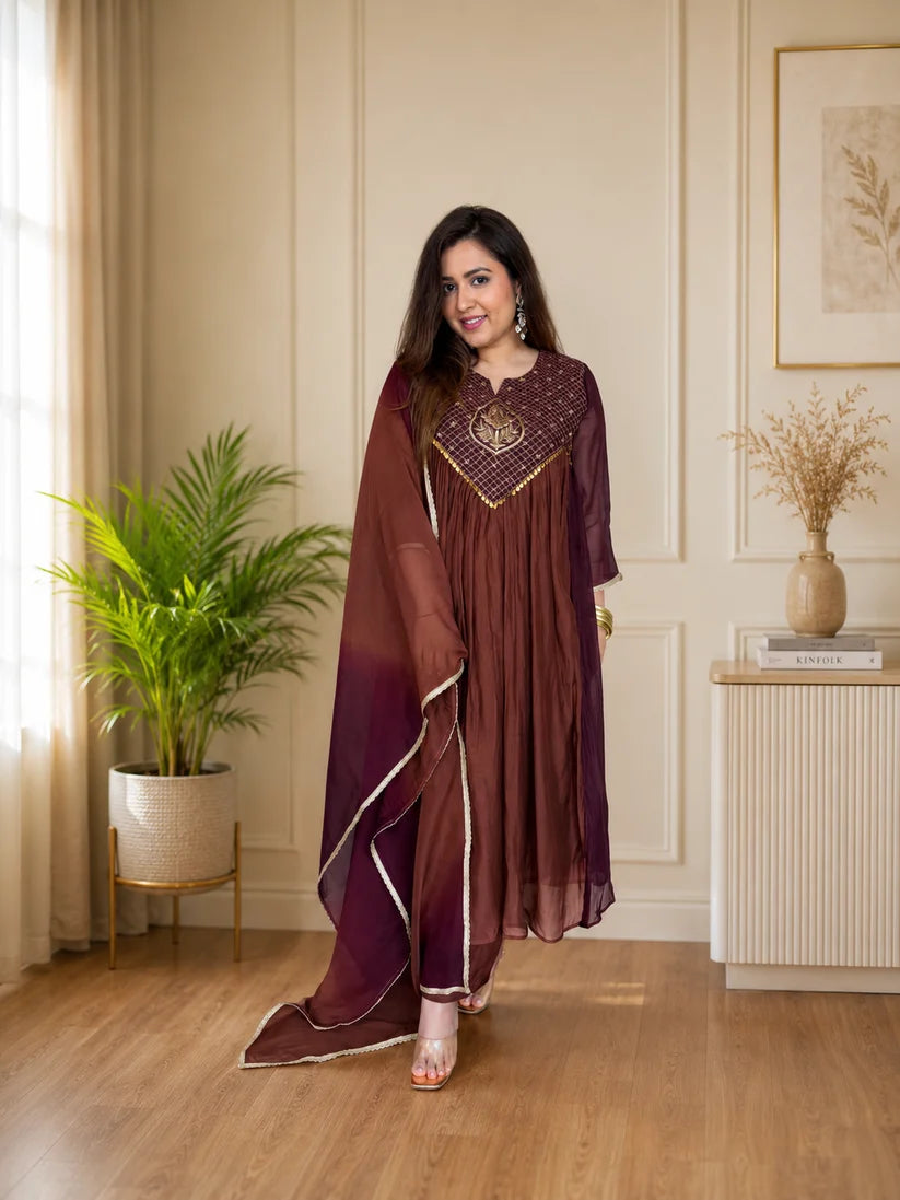 Radiant Mocha Brown Embroidered Anarkali Suit Set