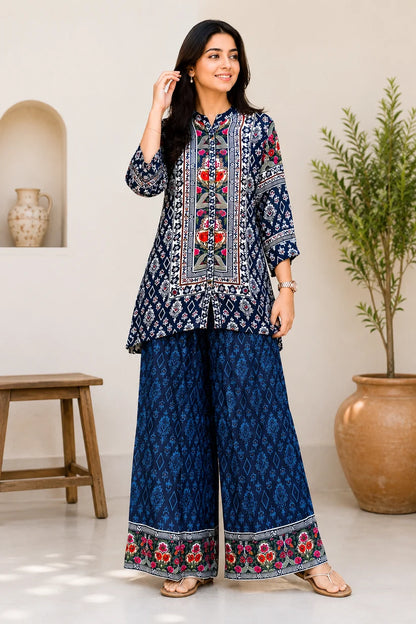 Captivating Navy Floral Kurti Palazzo Co-ord Set