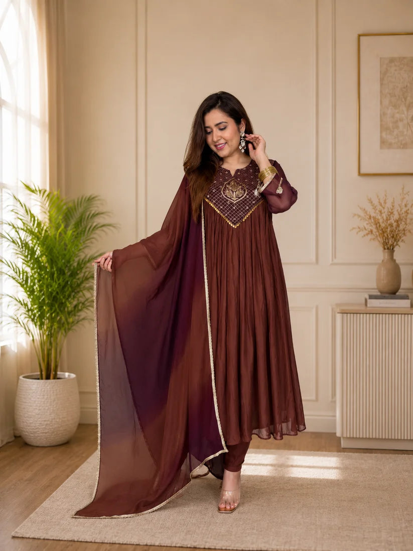 Radiant Mocha Brown Embroidered Anarkali Suit Set
