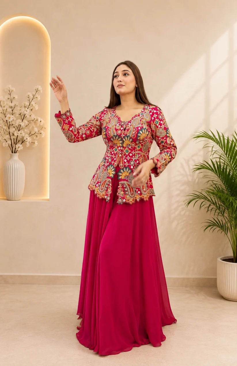 Stunning Rani Pink Embroidered Peplum Sharara Set
