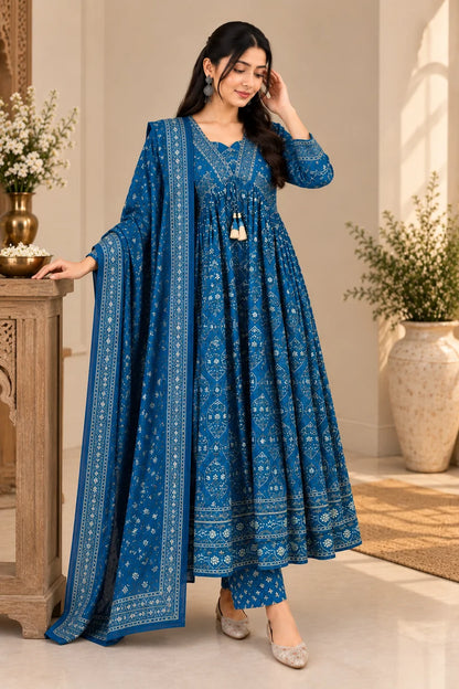 Gorgeous Royal Blue Printed Anarkali Suit Set