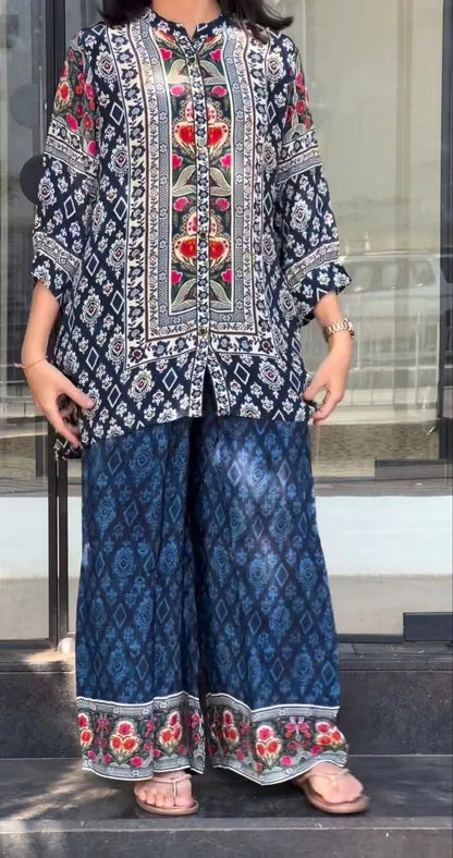 Captivating Navy Floral Kurti Palazzo Co-ord Set