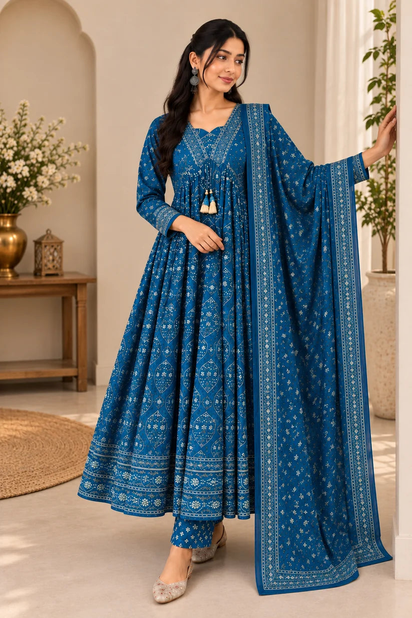 Gorgeous Royal Blue Printed Anarkali Suit Set