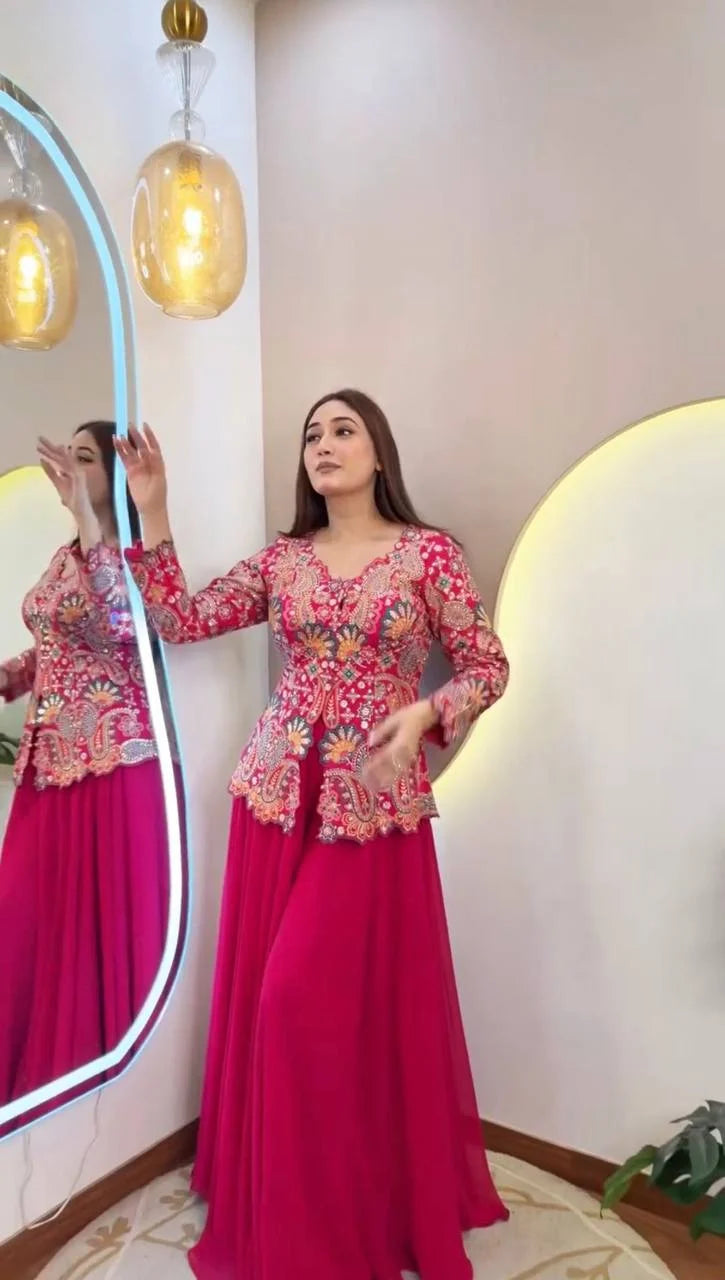 Stunning Rani Pink Embroidered Peplum Sharara Set
