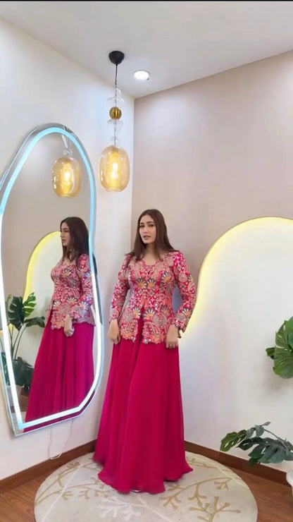 Stunning Rani Pink Embroidered Peplum Sharara Set