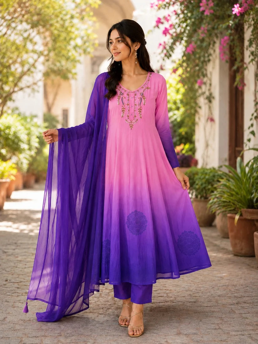 Pink Purple Ombre Embroidered Anarkali Suit Set