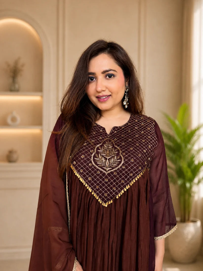 Radiant Mocha Brown Embroidered Anarkali Suit Set