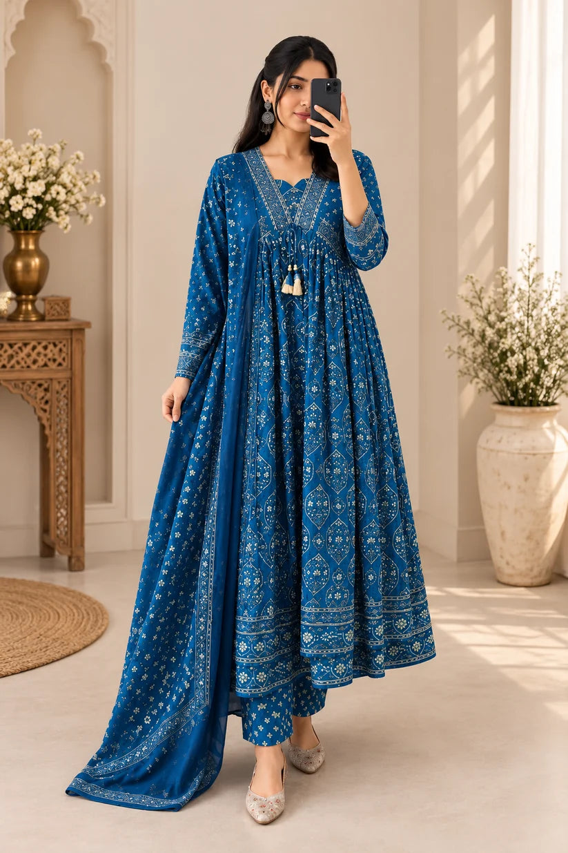 Gorgeous Royal Blue Printed Anarkali Suit Set