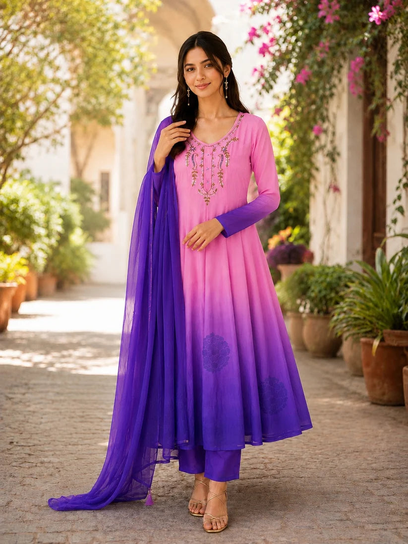 Pink Purple Ombre Embroidered Anarkali Suit Set