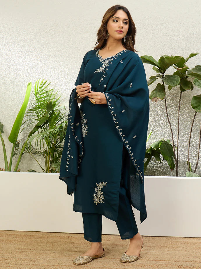 Women’s Traditional Deep Teal Roman Silk Kurta Set with Intricate Embroidery
