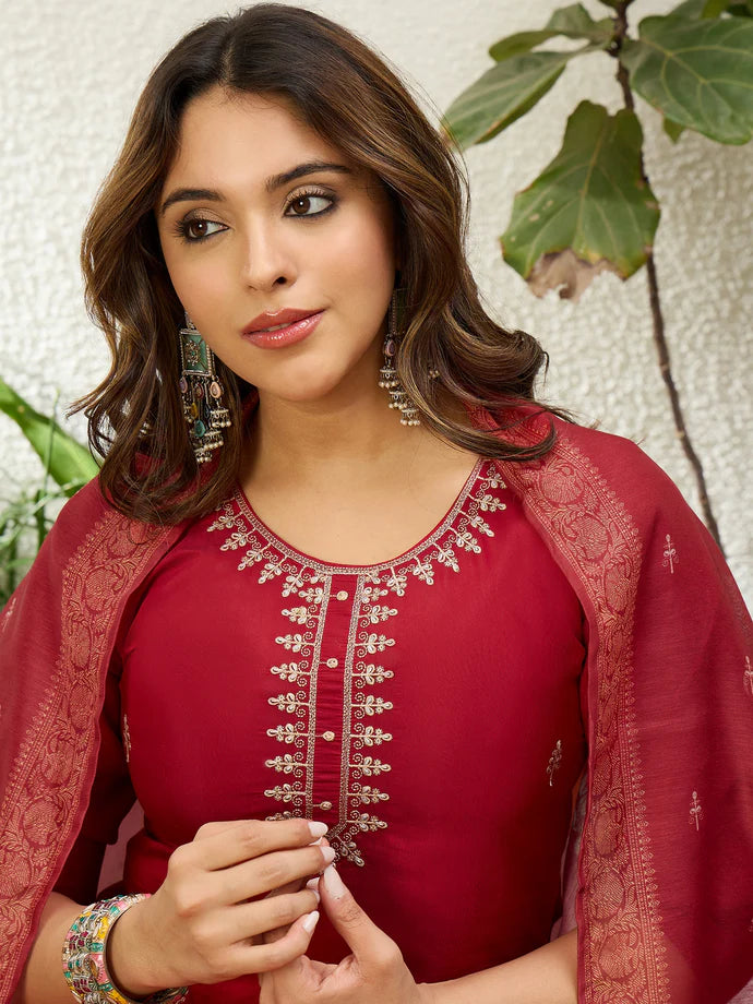 Beautiful Red Women’s Traditional Kurta Pant Set with Dupatta